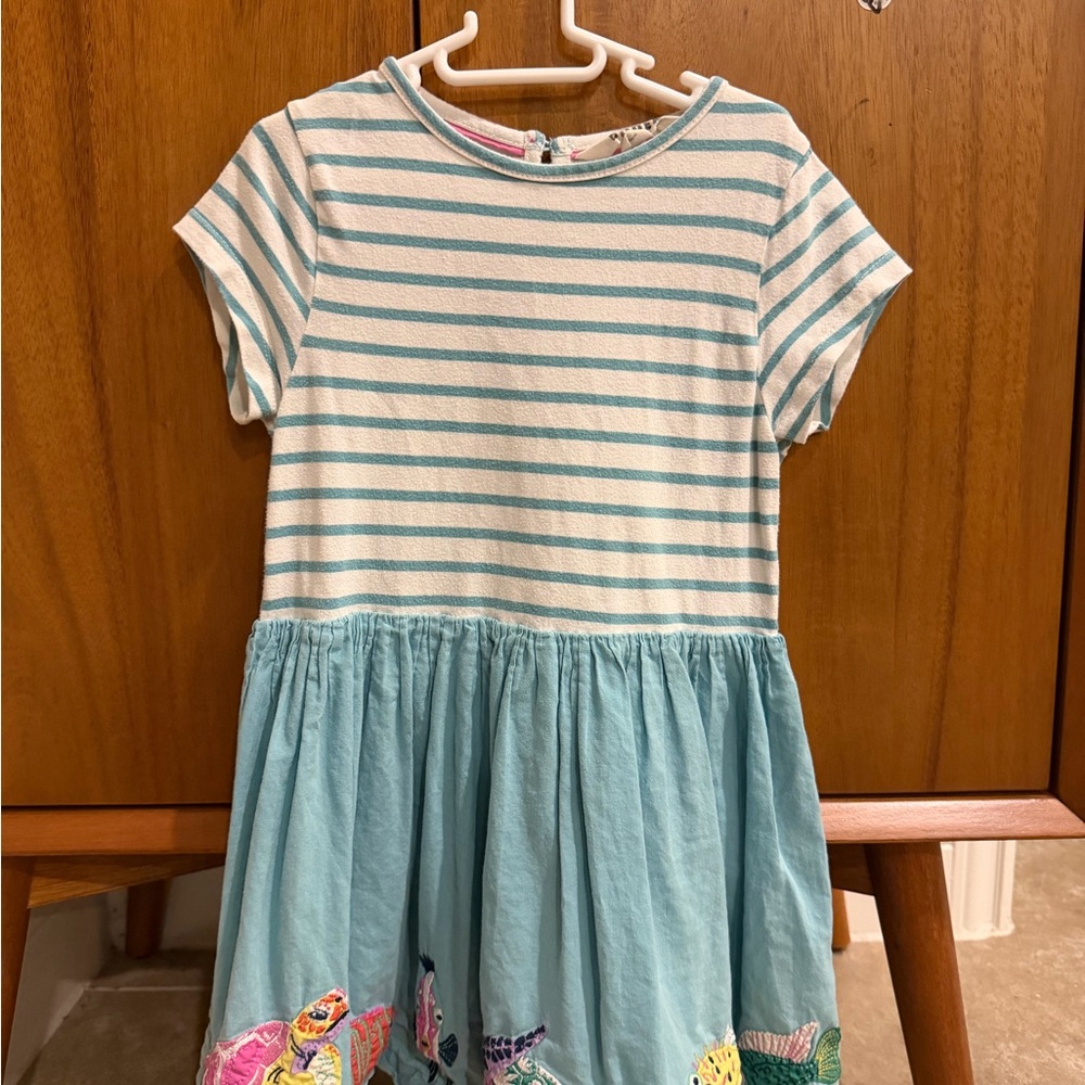 Mini Boden Blue and White Striped Dress with Embroidered Accents